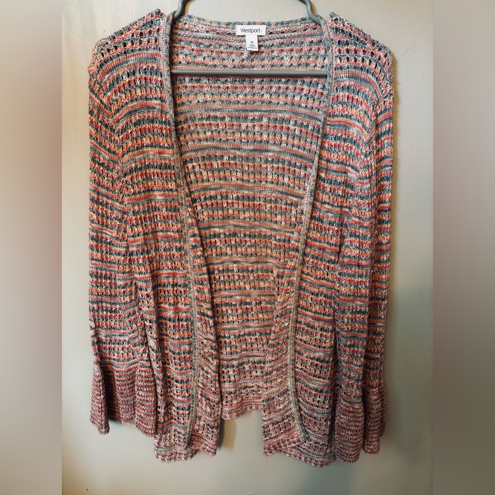 Crochet open front cardigan, multicolored pinks, and blues.